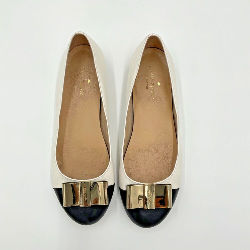 KATE SPADE Tock Ballet Ballerina Flats Gold Bow Leather Size 7.5 Black White